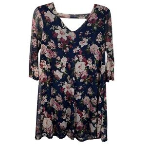 Try This! Navy Blue Floral Mesh Long Sleeve Lined Tunic Top Plus Size 1X Cutout